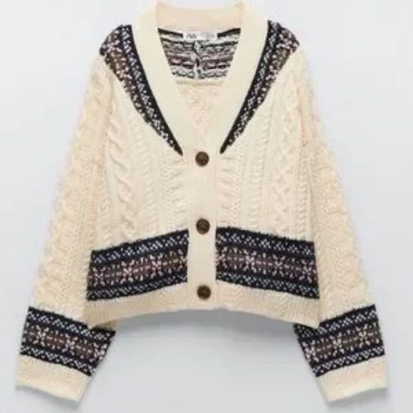 Zara Cozy Cream Chunky Cable Knit Oversized Semi-Cropped Sweater (Size: Medium) - Picture 4 of 15